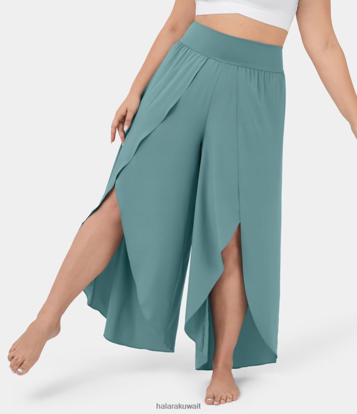 قيعان الأزرق المعدني TDP4N2119 نحيف Halara بنطال نسيم عالي الخصر وحزام خصر خلفي وجيب بالازو انسيابي واسع الساق وسريع الجفاف كاجوال بمقاسات كبيرة