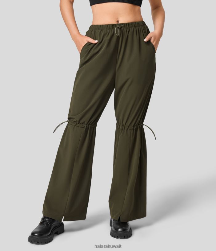 ملابس رياضية الشفق الأخضر TDP4N211 نحيف Halara بنطال واسع الساق للجري بجيب جانبي متوسط ​​الارتفاع ورباط قابل للتعديل