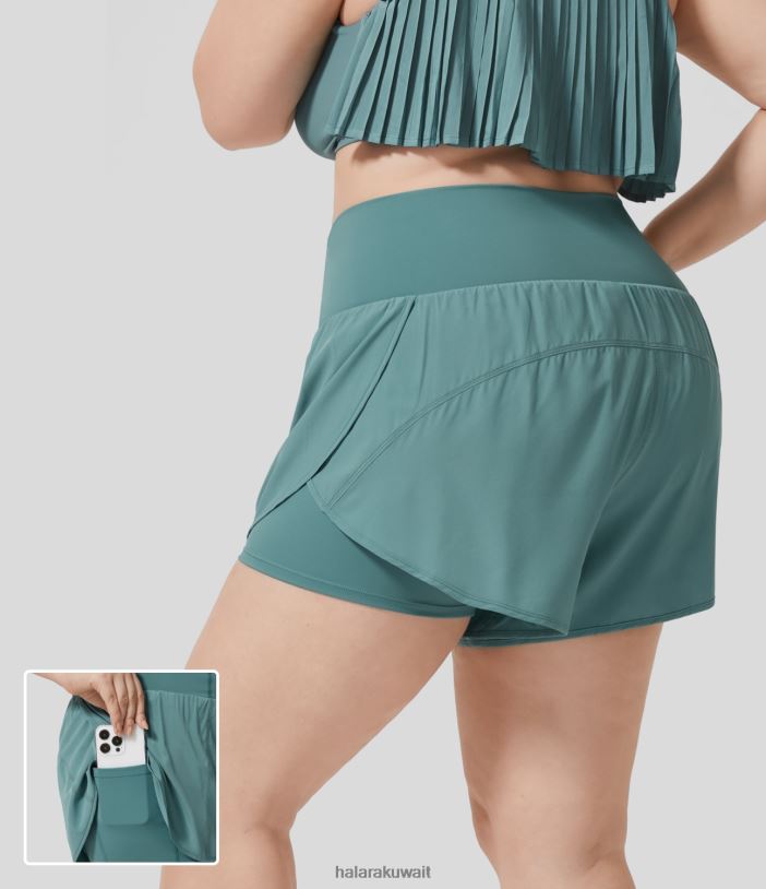 قيعان الأزرق المعدني TDP4N2131 نحيف Halara شورت يوجا بخصر عالٍ للغاية وحاشية منحنية 2 في 1 وجيب جانبي سريع الجفاف ومقاس كبير 4 بوصة