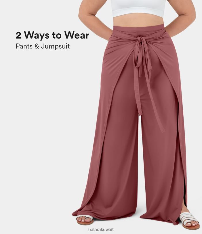 قيعان وردة حمراء فاتحة TDP4N2132 نحيف Halara بنطال Palazzo ذو خصر عالٍ وحاشية مقسمة من الأمام وساق واسعة كاجوال ومقاس كبير