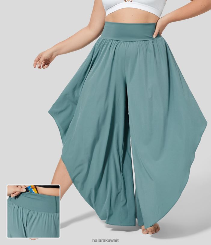 قيعان الأزرق المعدني TDP4N2133 نحيف Halara سروال واسع بخصر عالٍ وحزام خصر خلفي وجيب بالازو وكشكشة واسعة وساق واسعة ورقص سريع الجفاف ومقاس كبير