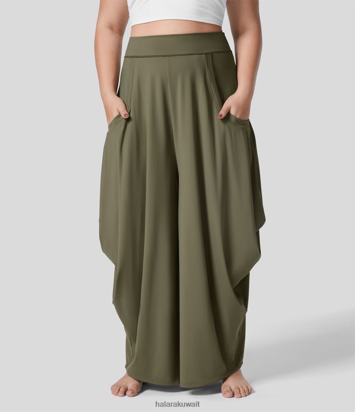 قيعان أخضر ذابل TDP4N2134 نحيف Halara بنطلون متوسط ​​الارتفاع بجيوب متعددة وساق واسعة كاجوال مقاس كبير