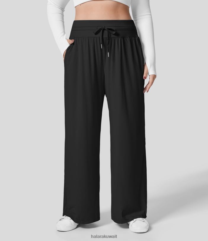 قيعان أسود TDP4N2135 نحيف Halara سروال عالي الخصر برباط وجيب جانبي وساق واسعة وملمس رائع كاجوال مقاس كبير