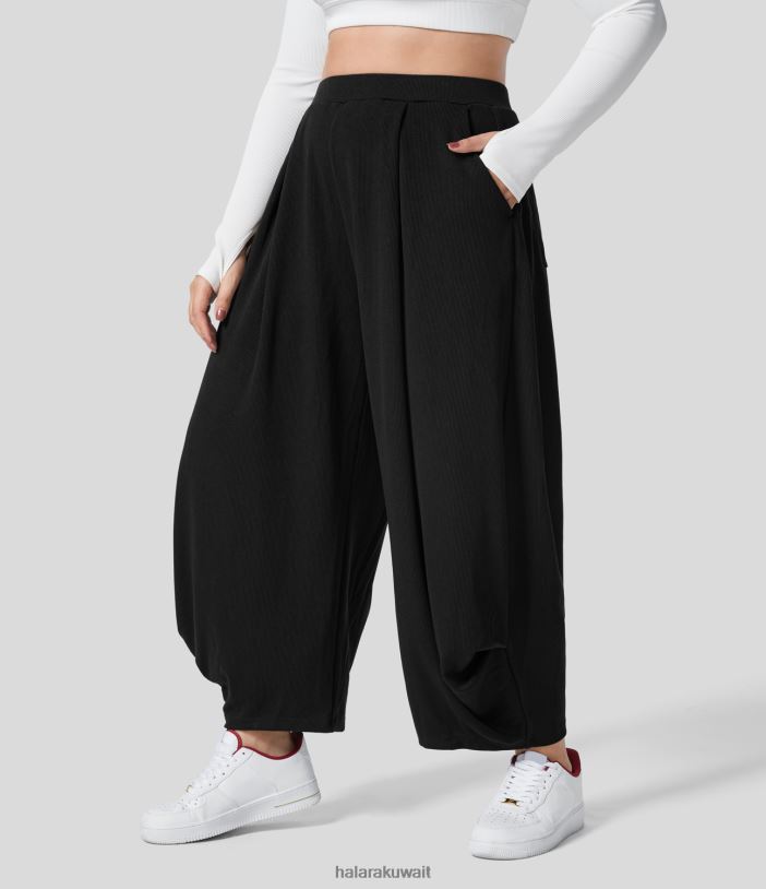 قيعان أسود TDP4N2138 نحيف Halara بنطال حريم مضلع عالي الخصر ومطوي وجيوب متعددة كاجوال مقاس كبير