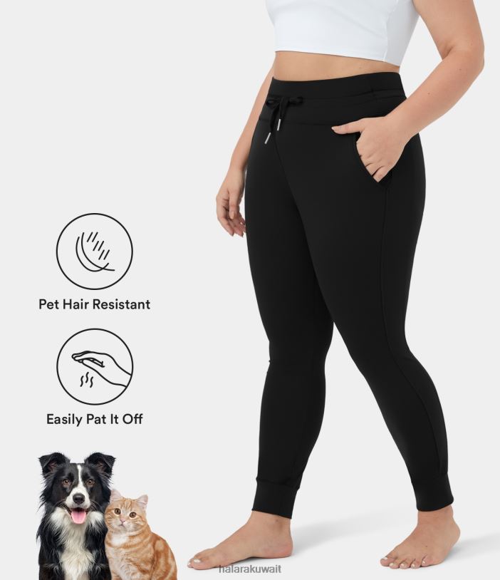 قيعان أسود TDP4N2141 نحيف Halara باتيتوف فلو مقاوم لشعر الحيوانات الأليفة، جيب جانبي برباط عالي الخصر، مقاس كبير، بنطال رياضي عادي بطول كامل