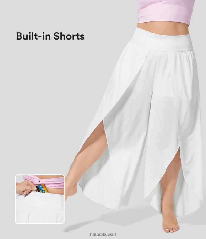 قيعان أبيض TDP4N2142 نحيف Halara بنطال بحزام خصر عالي الخصر وجيب بالازو انسيابي واسع الساق 2 في 1 سريع الجفاف كاجوال بمقاسات كبيرة