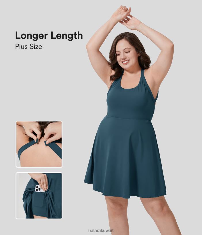 ملابس رياضية ماجوليكا الأزرق TDP4N2149 نحيف Halara فستان على شكل حرف U بدون ظهر ملتوي وجيب جانبي 2 في 1 وجيب جانبي صغير لرقص الباليه مقاس كبير - طول أطول