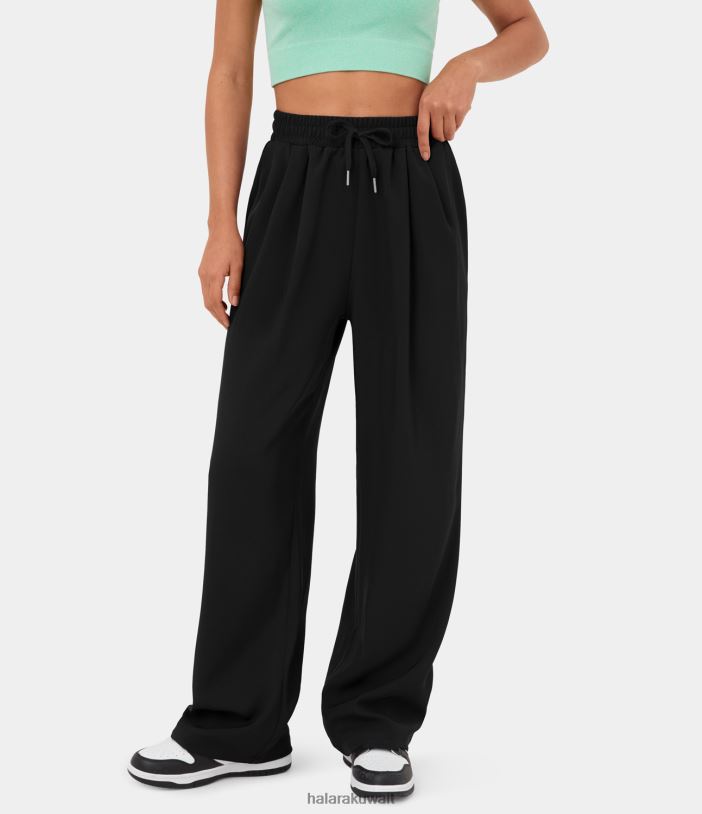 ملابس أسود TDP4N214 نحيف Halara بنطال كاجوال بخصر عالٍ وجيب جانبي برباط وساق واسعة