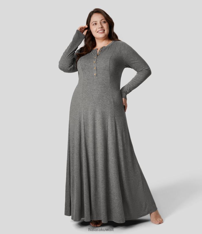 ملابس دارل رمادي غزل الأزهار TDP4N2157 نحيف Halara فستان ماكسي برقبة دائرية وأكمام طويلة وأزرار بمقاسات كبيرة