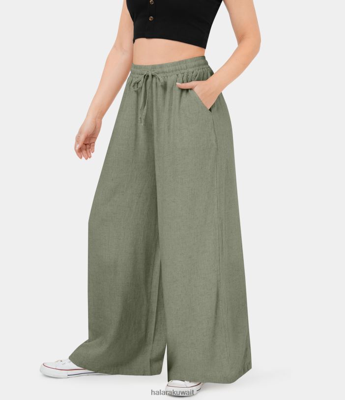 ملابس رمادي غامق أخضر TDP4N215 نحيف Halara سروال قطني كاجوال بحزام خصر برباط وجيب جانبي واسع الساق