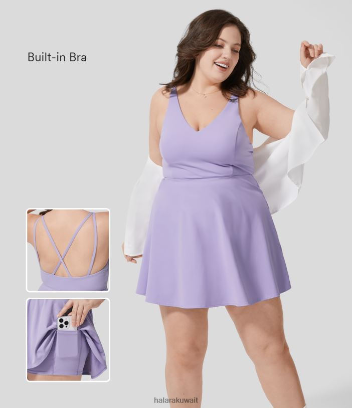 ملابس رياضية الخزامى TDP4N2162 نحيف Halara فستان Softlyzero من القطيفة بدون ظهر وجيب جانبي متقاطع مكون من قطعتين لرقص الباليه مقاس كبير