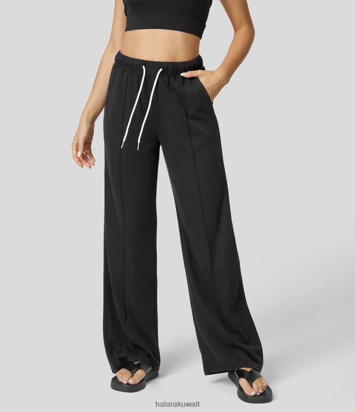 ملابس أسود TDP4N216 نحيف Halara سروال كاجوال برباط متوسط ​​الارتفاع وجيوب متعددة وساق واسعة