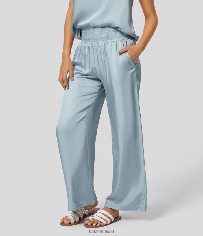 ملابس الأزرق الاسترليني TDP4N219 نحيف Halara سروال كاجوال متوسط ​​الارتفاع بجيب جانبي وساق واسعة يشبه الساتان