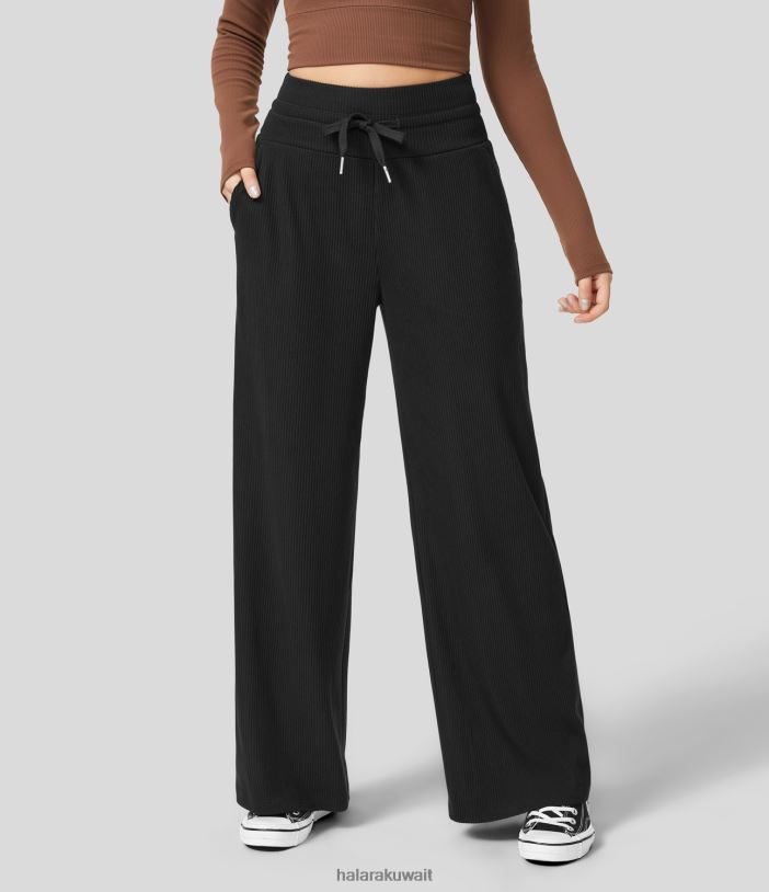 ملابس رياضية أسود TDP4N227 نحيف Halara بنطال كاجوال مضلع بخصر عالٍ وجيب جانبي وساق واسعة