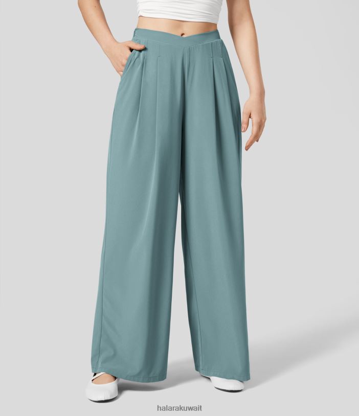 ملابس الحجر الأزرق TDP4N229 نحيف Halara بنطال كاجوال بخصر عالٍ على شكل حرف V وجيب جانبي مطوي وواسع الساق من Palazzo سريع الجفاف
