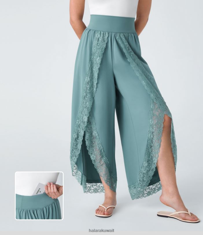 ملابس إبداعي TDP4N230 نحيف Halara بنطال كاجوال بخصر عالٍ وحزام خصر خلفي وجيب بالازو من الدانتيل المتدفق وواسع الساق وسريع الجفاف