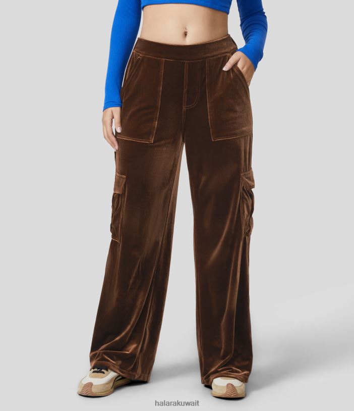 ملابس الزنجار البني TDP4N237 نحيف Halara سراويل كارجو كاجوال مخملية متوسطة الارتفاع بجيوب متعددة