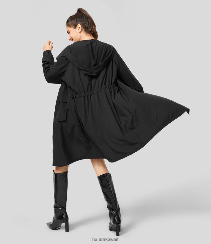 ملابس أسود TDP4N267 نحيف Halara سترة بغطاء رأس برباط وجيب أمامي وزر كبس وخطوط طويلة سريعة الجفاف للمشي لمسافات طويلة