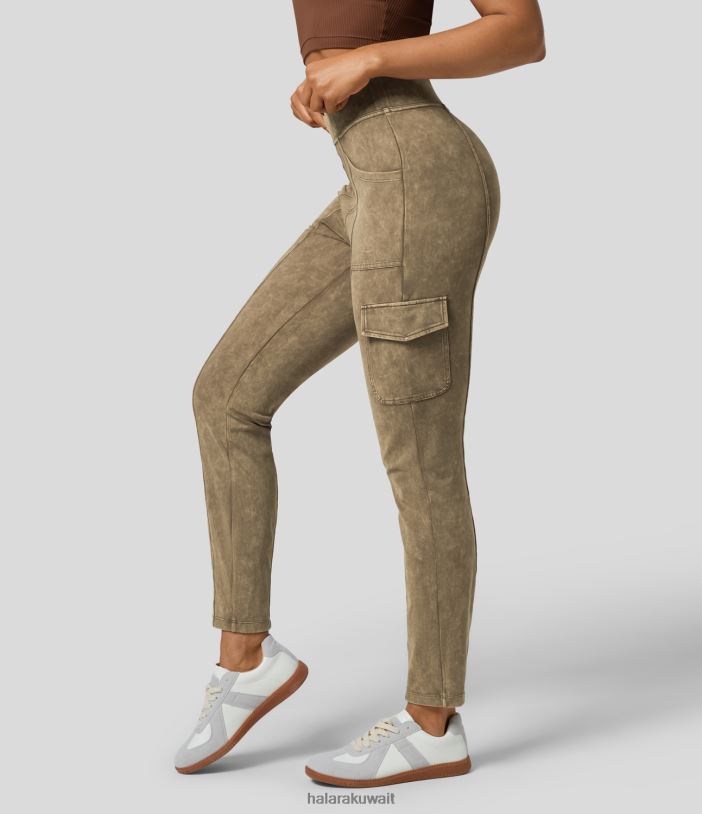 ملابس رياضية ملون باللون البني الأصفر TDP4N276 نحيف Halara سراويل كارجو غير رسمية مغسولة بخصر عالٍ وجيوب متعددة