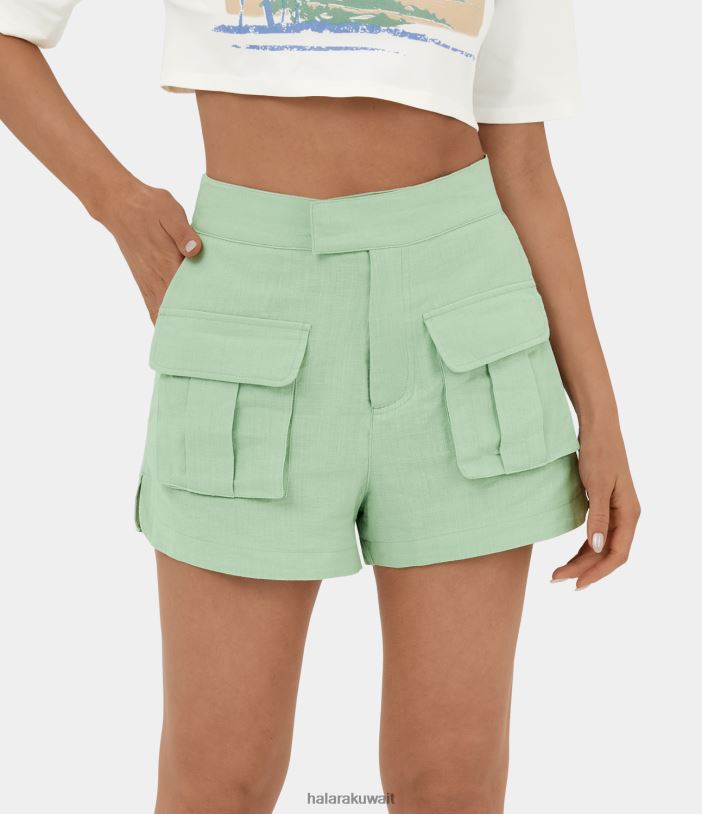 ملابس رغوة مائية TDP4N279 نحيف Halara شورت قطني غير رسمي بسحاب عالي الخصر وجيب جانبي بحاشية منحنية مقاس 2.5 بوصة