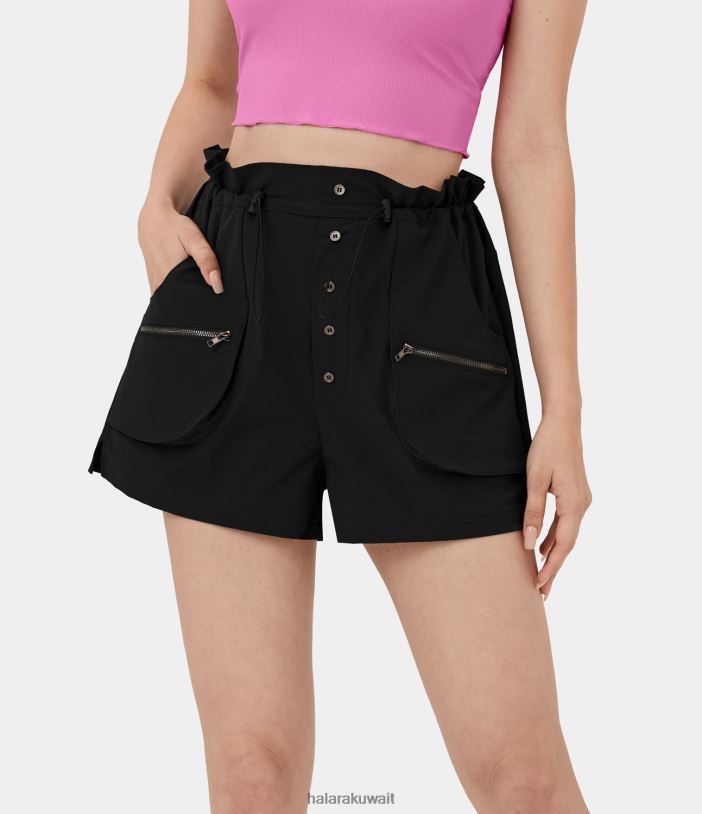 ملابس رياضية أسود TDP4N280 نحيف Halara شورت عالي الخصر مصنوع من الورق مع رباط قابل للتعديل وسحاب وجيب جانبي وزر مقسم غير رسمي مقاس 2 بوصة