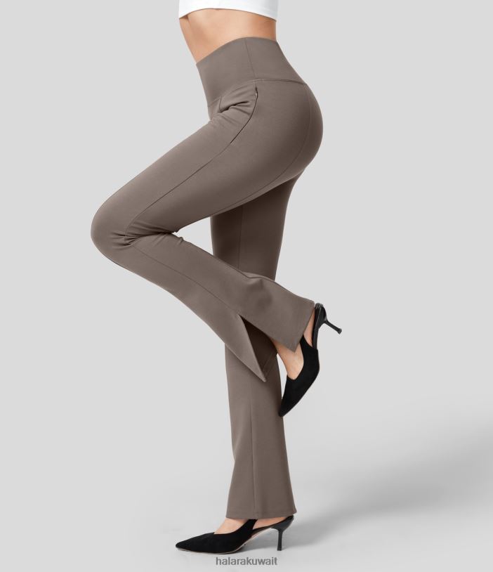 ملابس حديد TDP4N303 نحيف Halara بنطلون عمل بسحاب جانبي متوسط ​​الارتفاع وحاشية مقسمة ومتوهج قليلاً