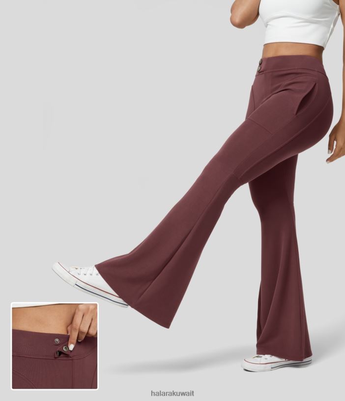 ملابس رياضية أحمر دماء الثور TDP4N305 نحيف Halara بنطال كاجوال بأزرار وجيب جانبي عالي الخصر