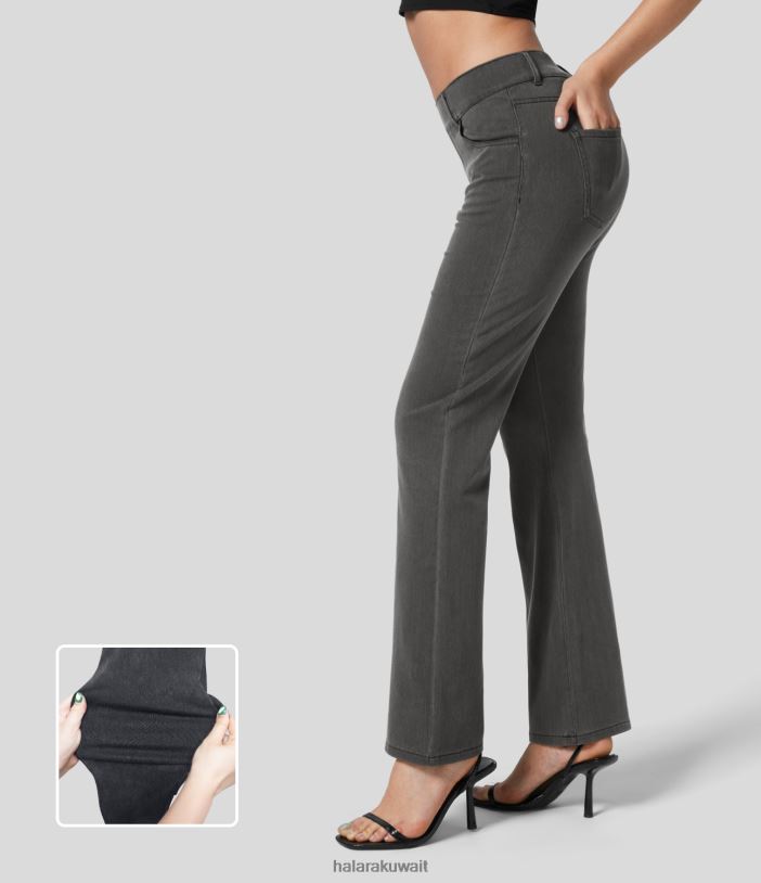 ملابس الدنيم المغسول باللون الرمادي الفاتح TDP4N331 نحيف Halara بنطال جينز سحري متوسط ​​الارتفاع بجيوب متعددة ومغسول ومتماسك ومطاط