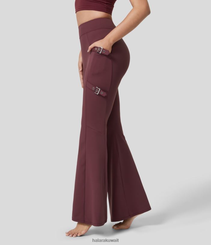 ملابس رياضية الماهوجني الأحمر TDP4N341 نحيف Halara Softlyzero Eco بنطال يوجا واسع بخصر عالٍ وجيب جانبي وإبزيم قابل للتعديل