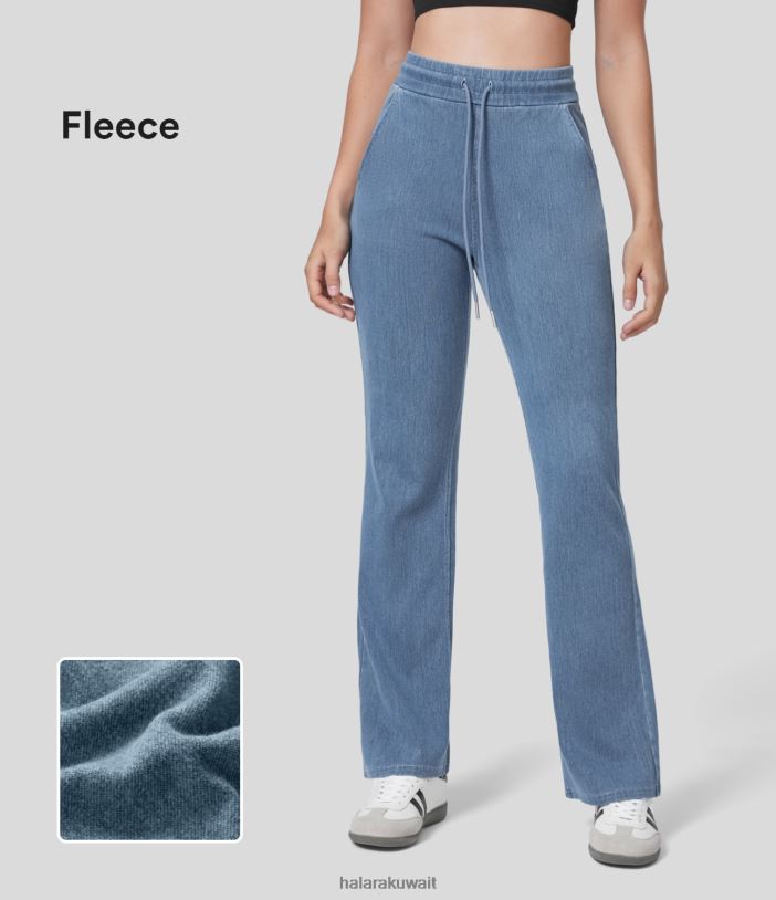 ملابس الدنيم الأزرق الفاتح TDP4N373 نحيف Halara جينز سحري عالي الخصر برباط وجيب جانبي ومتماسك ومطاط قليلاً من الصوف الكاجوال