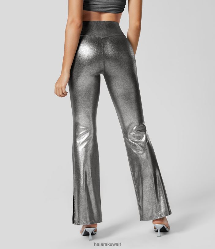 ملابس رياضية فضي أسود لامع TDP4N376 نحيف Halara بنطال Softlyzero من الجلد الصناعي بخصر عالٍ وجيب جانبي وحاشية مقسمة بطول كامل وطباعة رقائق معدنية قابلة للتمدد للحفلات