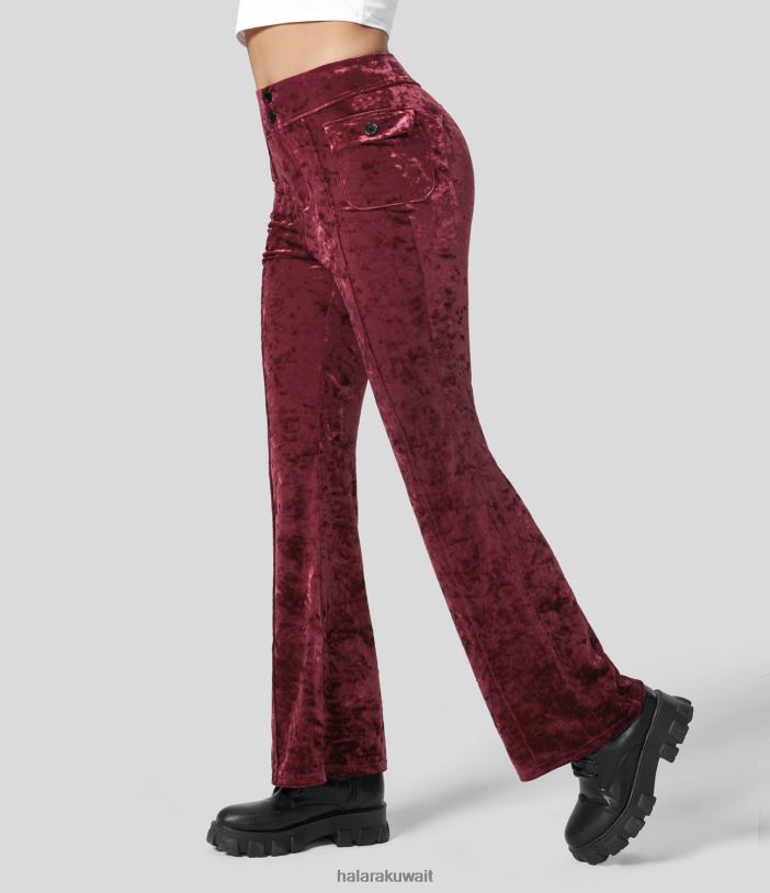 ملابس رياضية بورجوندي TDP4N379 نحيف Halara بنطال كاجوال واسع الطول بأزرار وجيب جانبي وطول كامل من المخمل