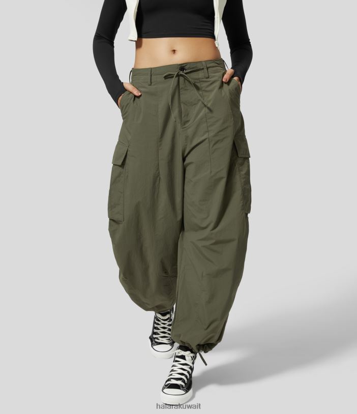 ملابس العشب الرمادي الأخضر TDP4N37 نحيف Halara سروال برباط متوسط ​​الارتفاع وسحاب وجيوب متعددة للركض الكاجوال