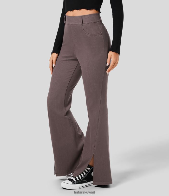 ملابس الدنيم صلصة البني TDP4N382 نحيف Halara بنطال جينز كاجوال واسع الخصر وجيب جانبي منقسم ومتماسك ومطاط