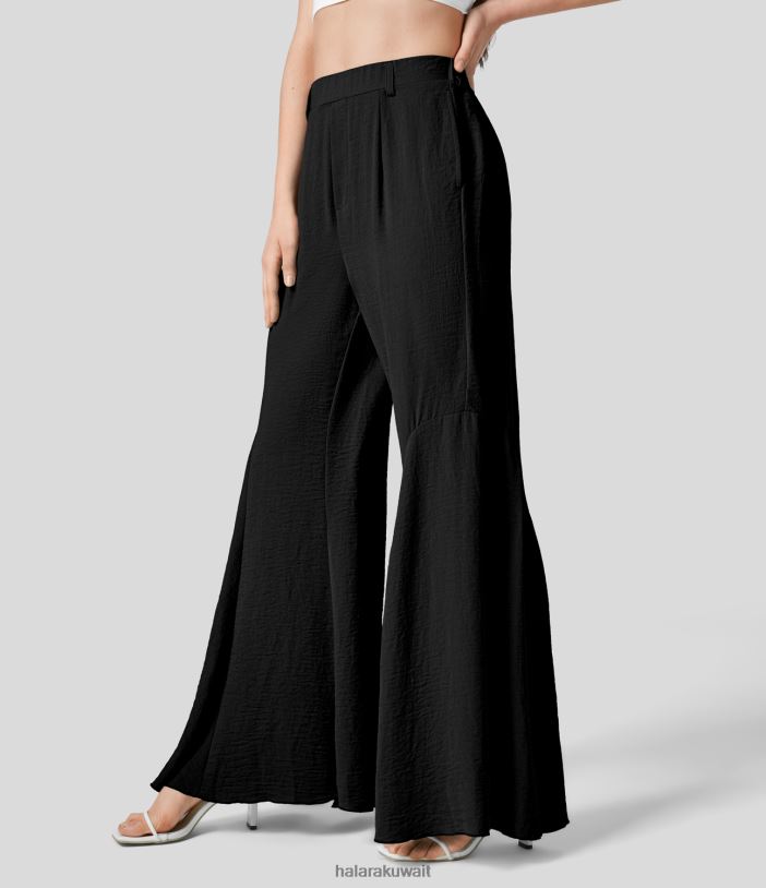 ملابس أسود TDP4N383 نحيف Halara بنطال كاجوال متدفق ذو جيوب جانبية عالية الخصر ومطوي