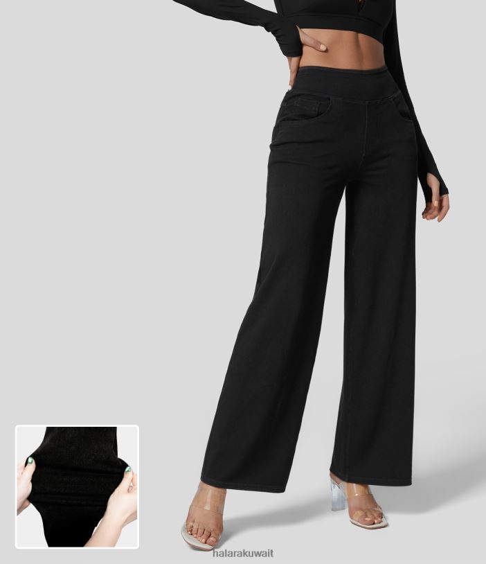 ملابس الدنيم الأسود TDP4N396 نحيف Halara جينز عمل سحري عالي الخصر وجيوب متعددة وساق مستقيمة ومتماسك وقابل للتمدد