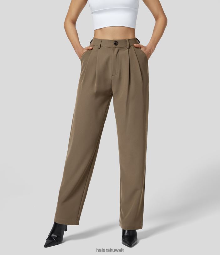 ملابس لون بني داكن TDP4N404 نحيف Halara سروال عمل بأزرار عالية الخصر وسحاب وجيب جانبي مطوي