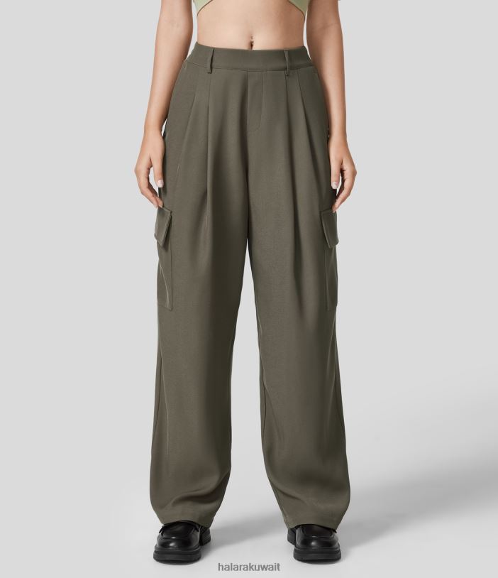 ملابس رمادي حجري TDP4N411 نحيف Halara سروال عمل متوسط ​​الارتفاع بطيات وجيوب متعددة