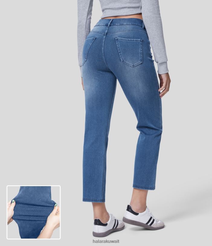 ملابس بحيرة الدنيم المغسولة باللون الأزرق TDP4N412 نحيف Halara جينز عمل سحري متوسط ​​الارتفاع بجيوب متعددة وساق مستقيمة ومغسول ومتماسك وقابل للتمدد