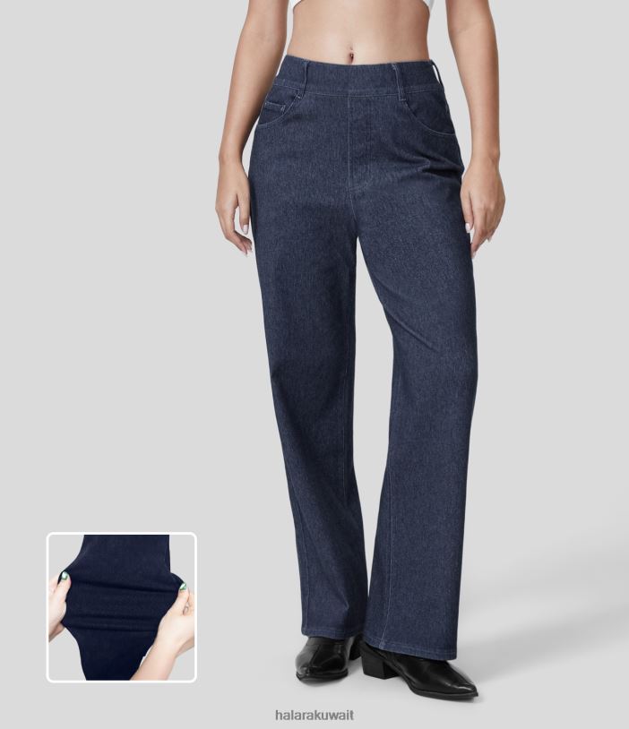 ملابس الدنيم النيلي TDP4N416 نحيف Halara جينز سحري عالي الخصر وجيوب متعددة وساق مستقيمة ومتماسكة قابلة للتمدد للعمل