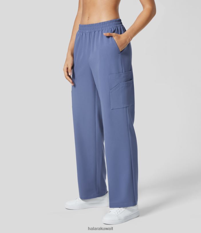 ملابس الدنيم المبيض TDP4N426 نحيف Halara حزام خصر مطاطي متوسط ​​الارتفاع وجيوب متعددة وبنطلون عمل بأرجل مستقيمة