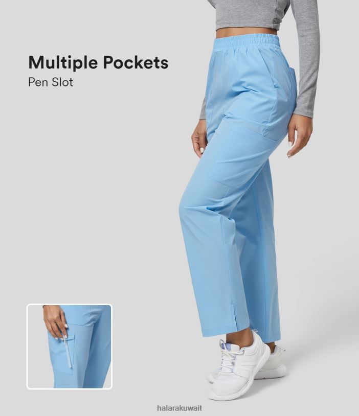 ملابس السماء الزرقاء الزرقاء TDP4N438 نحيف Halara حزام خصر مرن عالي الخصر وجيوب متعددة وحاشية مقسمة بنطلون عمل متين