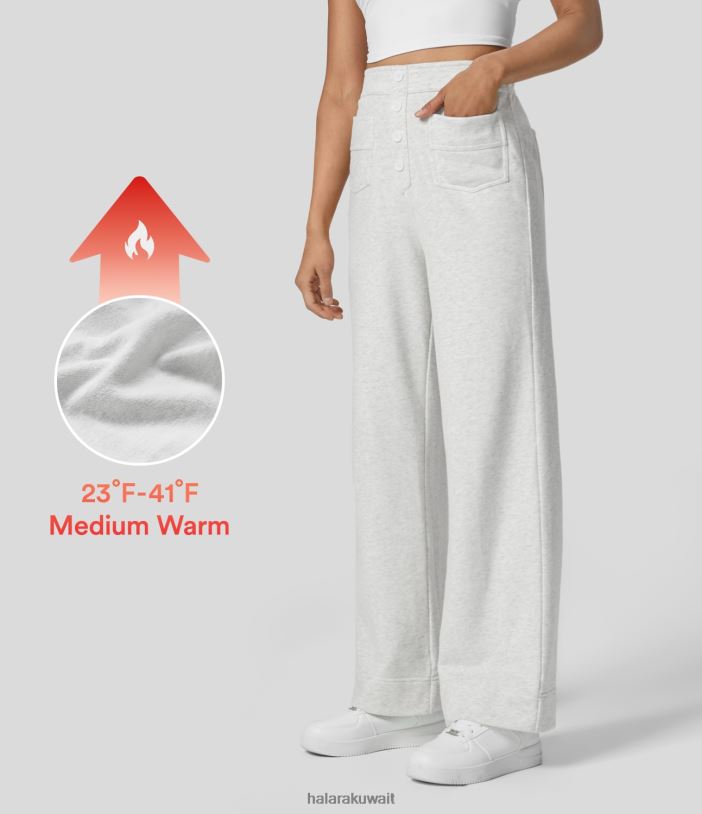 ملابس الشاي زهرة بيضاء رمادية TDP4N446 نحيف Halara زر عالي الخصر وجيوب متعددة وساق مستقيمة من الصوف