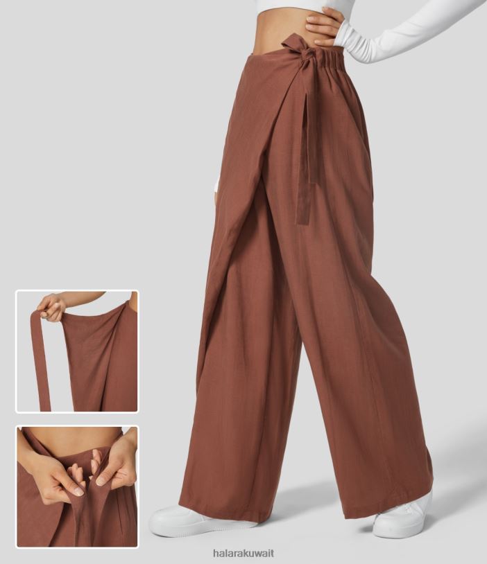 ملابس شراب القيقب TDP4N449 نحيف Halara بنطلون كتان كاجوال واسع الخصر وجيب جانبي وساق مستقيمة من الكتان