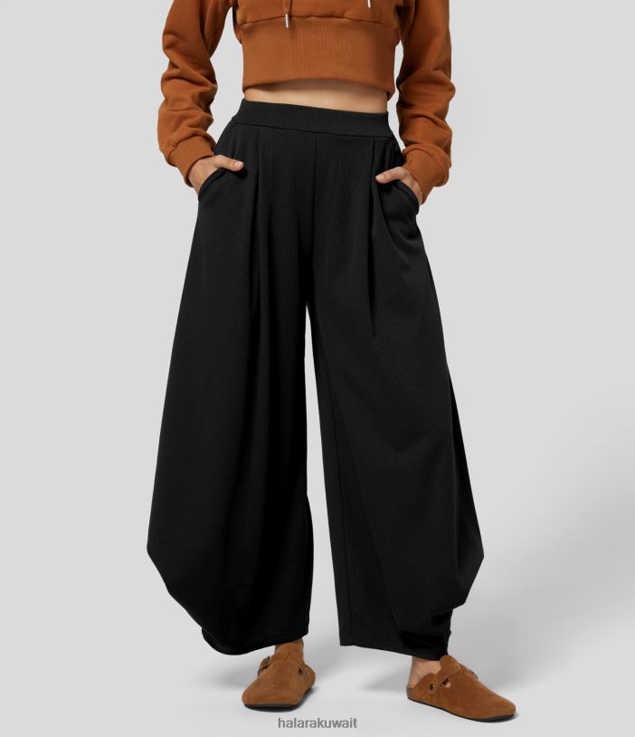 ملابس أسود TDP4N450 نحيف Halara بنطال حريم مضلع عالي الخصر ومطوي بجيوب متعددة