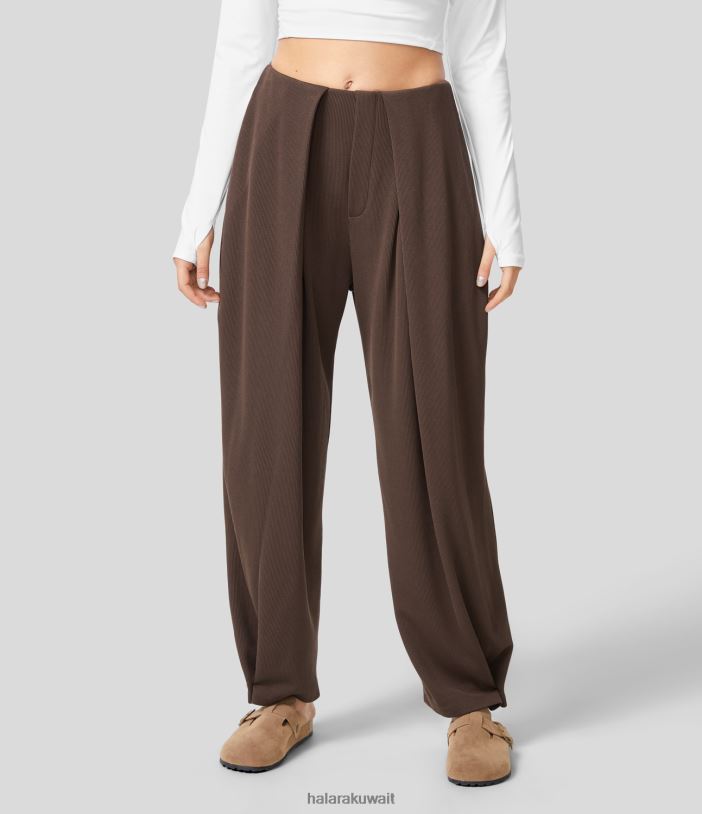 ملابس كستناء TDP4N451 نحيف Halara بنطال كاجوال مضلع بخصر عالٍ وجيب جانبي وحاشية بأزرار قابلة للتعديل