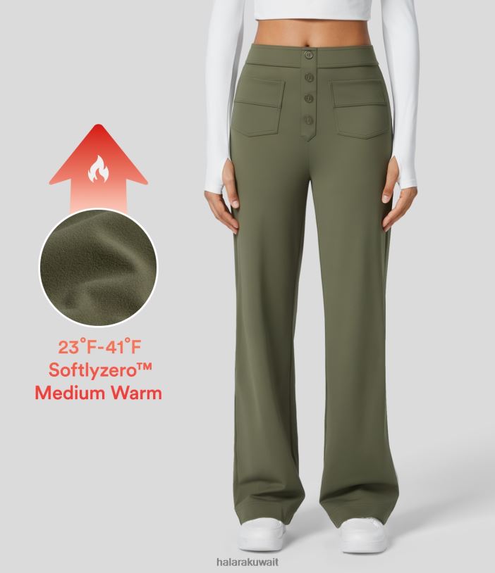 ملابس العشب الرمادي الأخضر TDP4N452 نحيف Halara بنطال كاجوال من الصوف عالي الخصر بجيوب متعددة وساق مستقيمة من Softlyzero