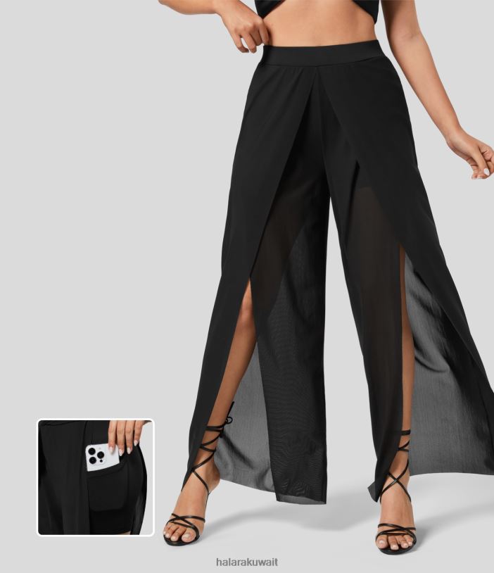 ملابس أسود TDP4N453 نحيف Halara بنطال منتجعي واسع الخصر 2 في 1 بجيب جانبي مقسم وساق مستقيمة وشبكة متباينة