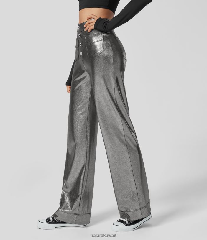 ملابس فضي أسود لامع TDP4N460 نحيف Halara سروال Softlyzero مصنوع من الجلد الصناعي عالي الخصر وأزرار مزخرفة وجيوب متعددة وطباعة رقائق معدنية قابلة للتمدد للحفلات
