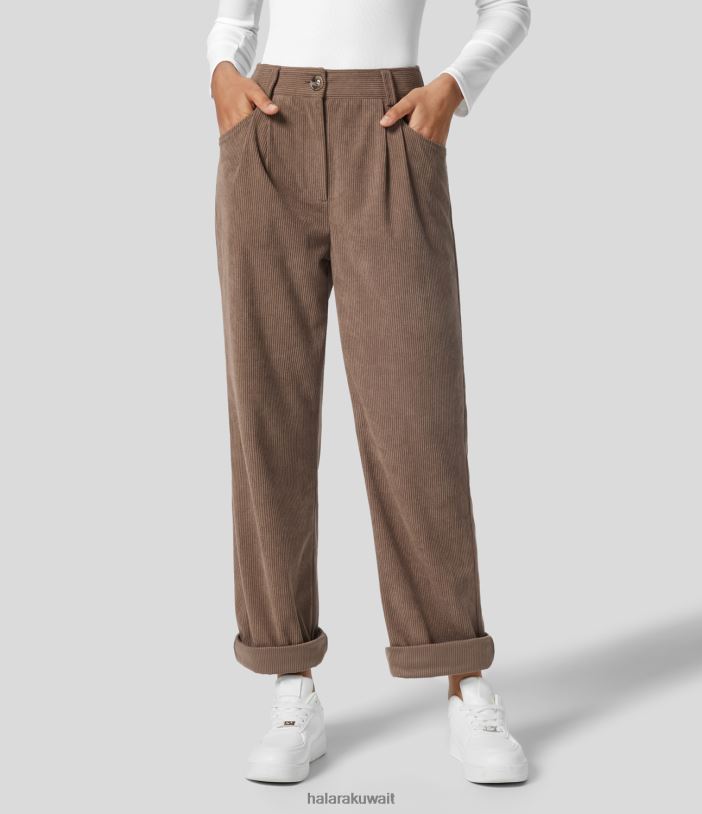 ملابس بني كاكاو TDP4N461 نحيف Halara سروال قصير غير رسمي بأزرار وسحاب وجيب جانبي عالي الخصر